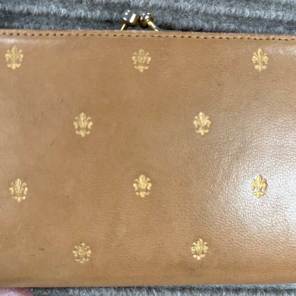 Vintage‎ Tan Leather Fleur-de-Lis Kiss Lock Frame Clutch Wallet Gold Lily Tan - Picture 9 of 9